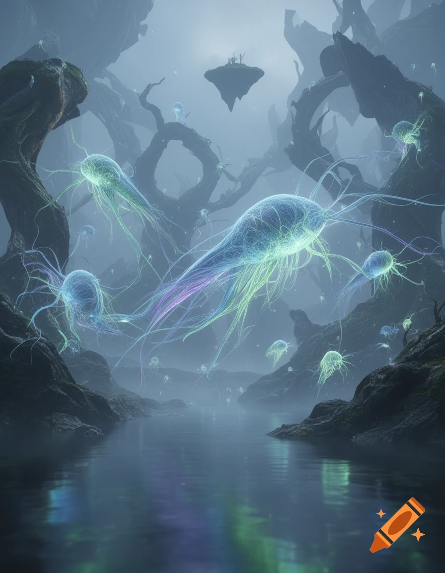 Bioluminescent, neuron-like creatures swim above reflective water in a misty, otherworldly landscape with twisted trees and a distant floating island.