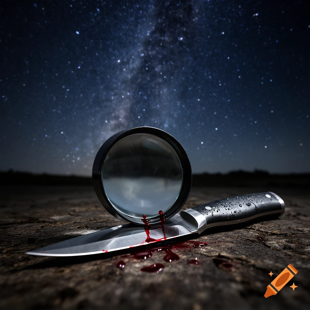 Photorealistic close-up of a magnifying glass resting on a knife dripping blood against a starry night sky background.