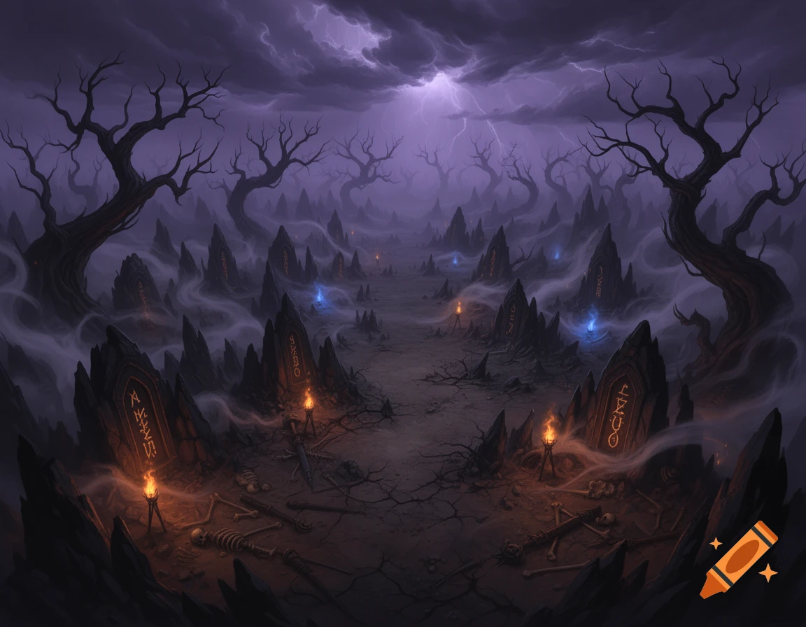 A dark, foreboding fantasy landscape with gnarled trees, jagged stone monuments with glowing runes, mist, skeletons, and lightning in a purple sky.