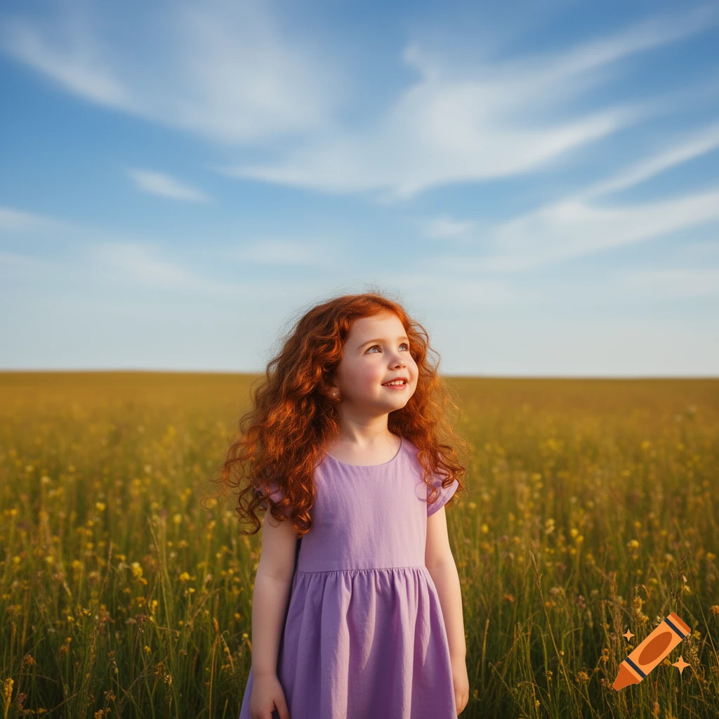 A smiling young girl with long red curly hair in a lavender dress stands in a sunny field of yellow flowers under a blue sky.