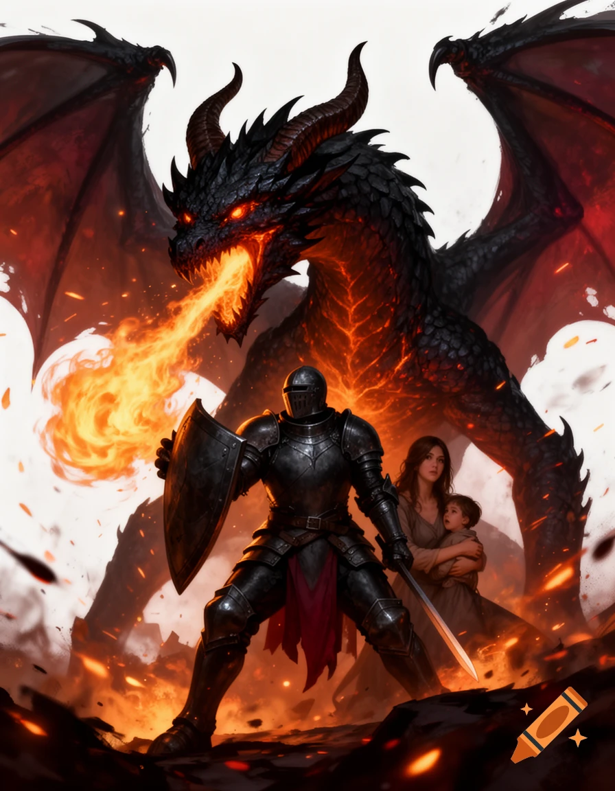 An armored knight with a shield and sword protects a woman and child from a fierce fire-breathing black dragon, digital art style.