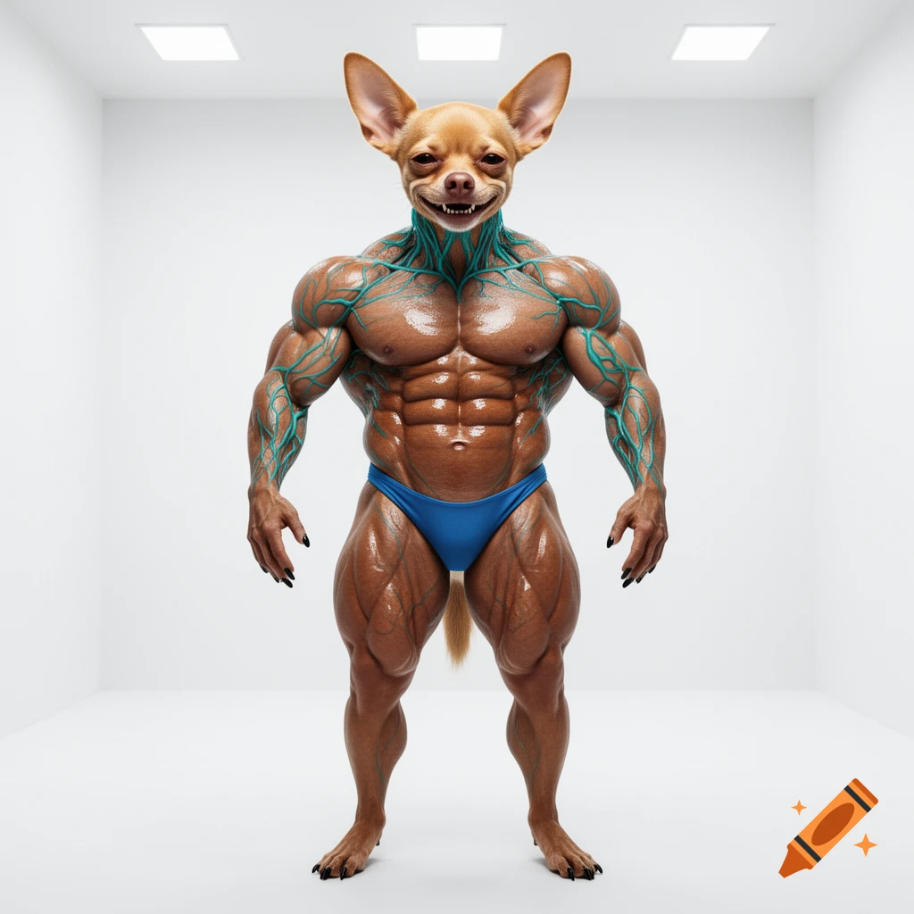 A hyper-realistic anthropomorphic chihuahua bodybuilder with prominent turquoise veins, wearing a blue posing thong, standing in a white room.