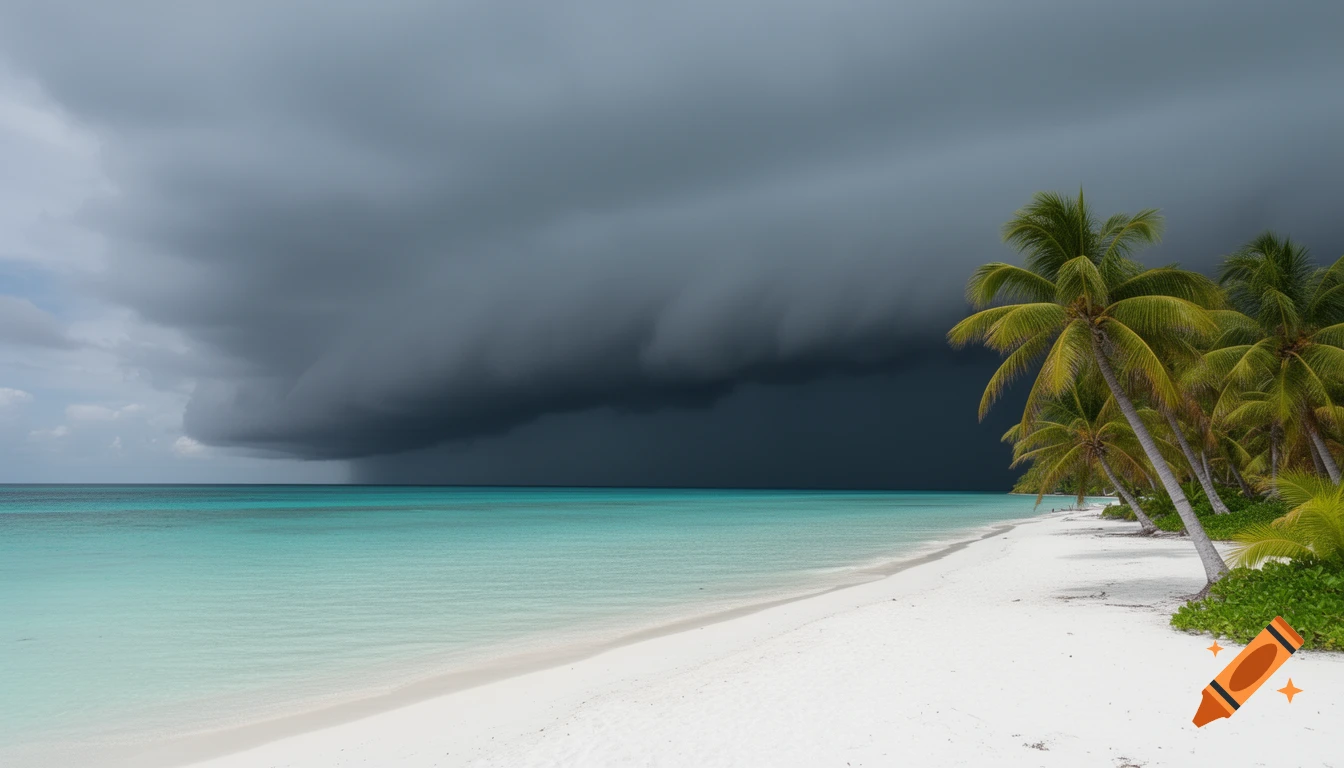 A dark storm cloud looms over a clear turquoise ocean and white sandy beach lined with palm trees.