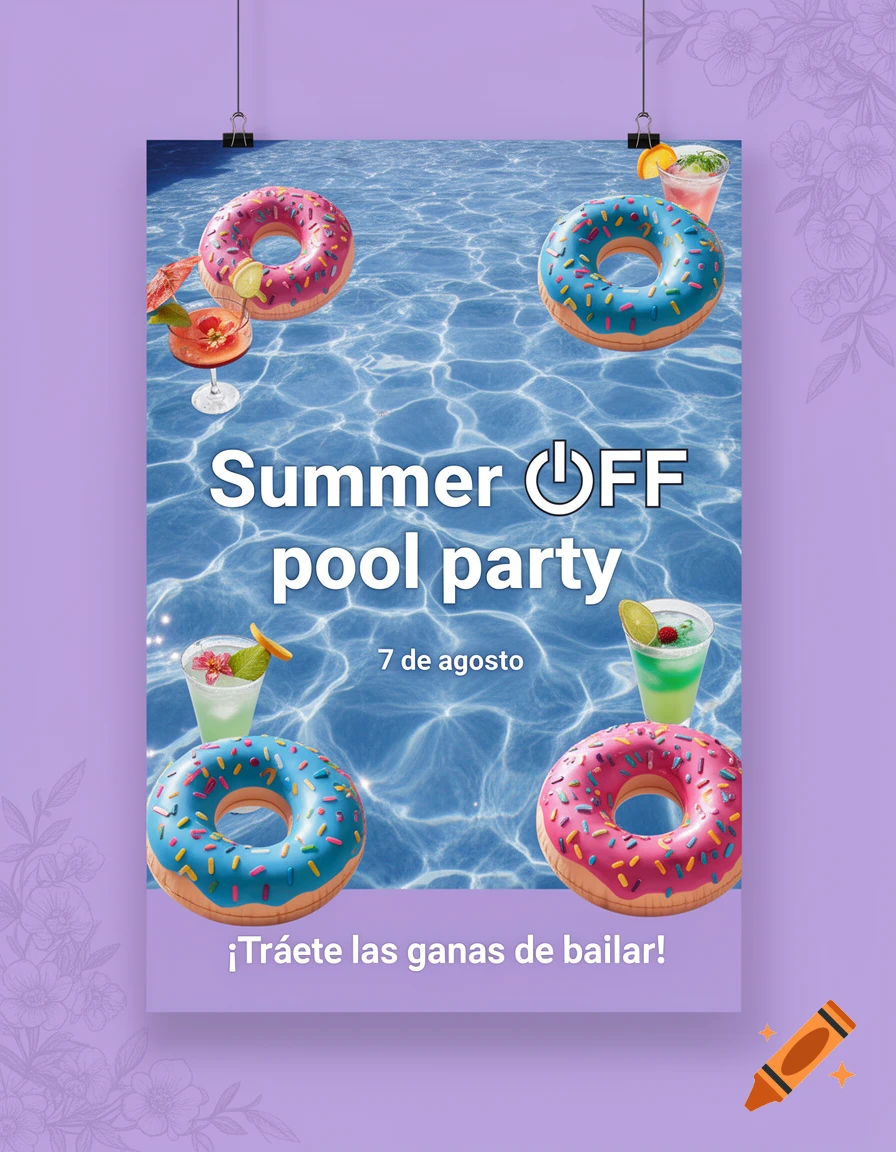 A vibrant poster for a 'Summer OFF pool party' featuring donut floats, cocktails, and text '7 de agosto' against a blue pool background with purple accents.