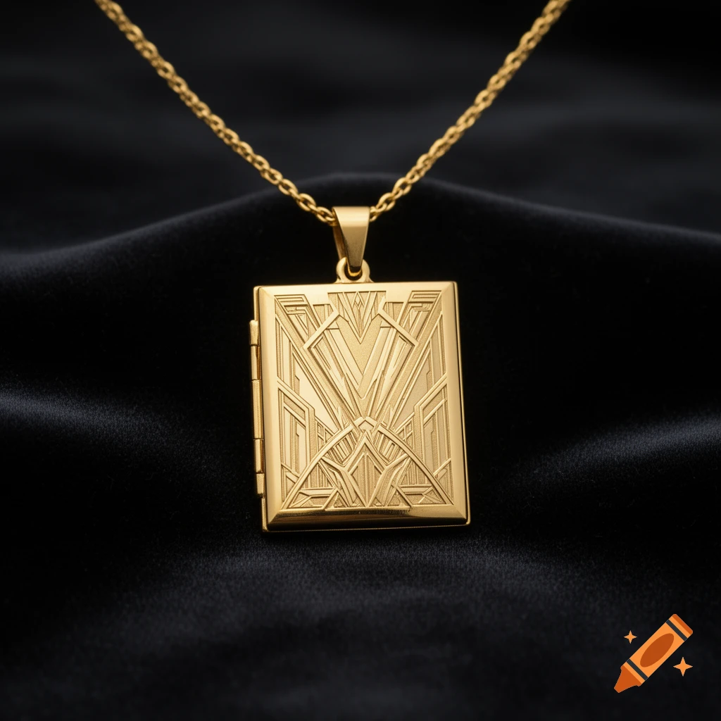 A close-up shot of a rectangular gold locket with intricate Art Deco etching, resting on a dark, luxurious fabric.