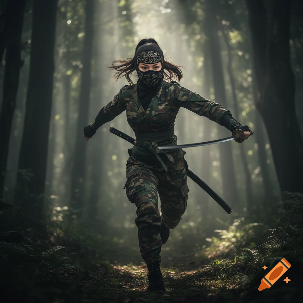 A masked female ninja in camouflage runs through a misty forest, holding two swords, with sun rays filtering through trees.