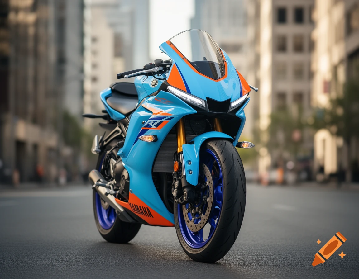 Photorealistic baby blue and orange Yamaha R7 motorcycle from a front-angle view, parked on a city street.