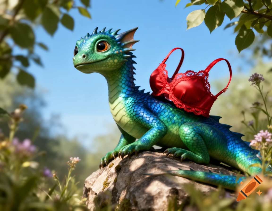 A cute, scaly baby dragon with blue and green skin and large orange eyes sits on a rock in a sunny forest, with a red lace bra on its back.