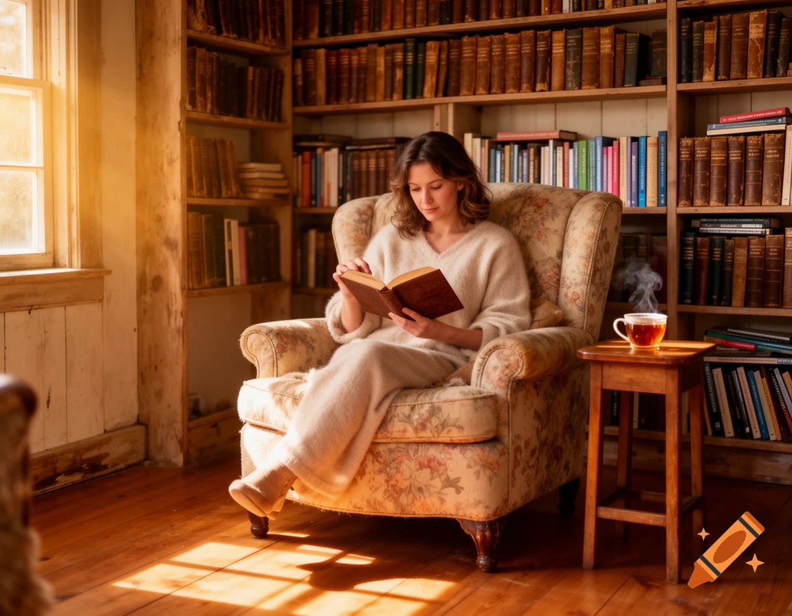 Woman reading a book in a cozy, sunlit cottage library with a cup of tea, surrounded by bookshelves.
