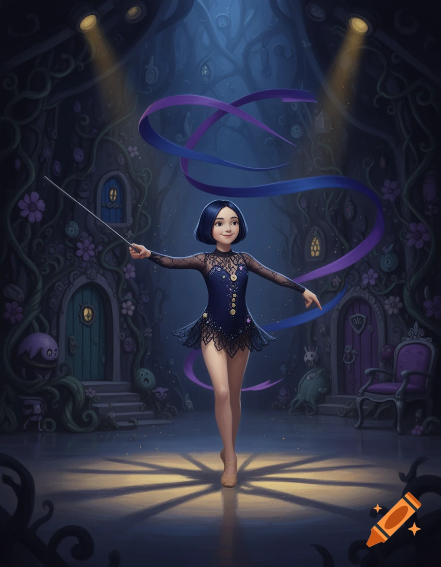 Digital illustration of a young girl with blue hair in a dark, whimsical fantasy setting, holding a wand and posing with a purple ribbon.