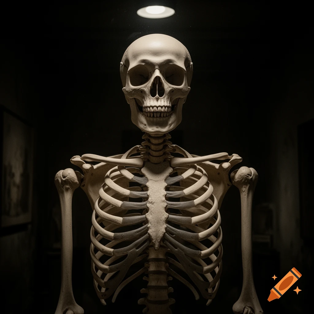 A detailed, realistic human skeleton from the chest up, lit from above against a dark background.