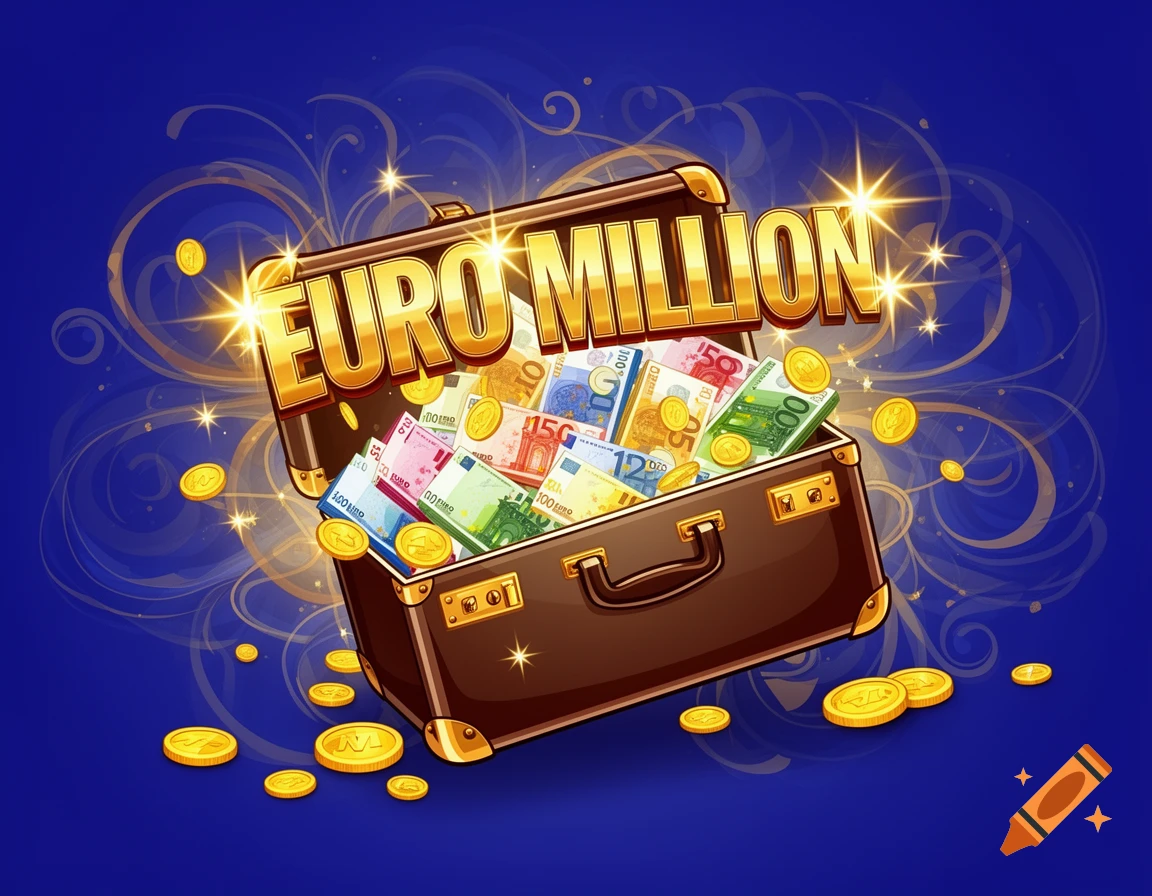 A stylized illustration of a brown suitcase overflowing with colorful Euro banknotes and gold coins, with sparkling golden "EURO MILLION" text floating above it, all on a blue background with golden swirls and more coins.