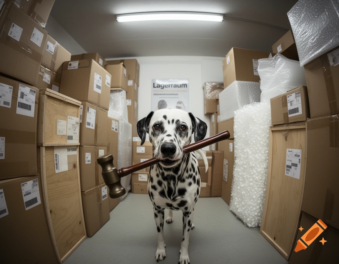A photorealistic Dalmatian dog holding a gavel in its mouth, standing in a storage room filled with boxes.