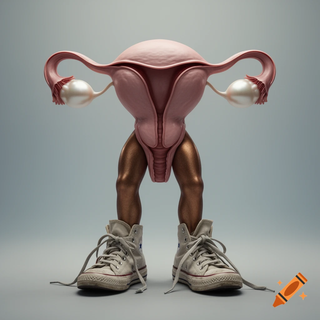A photorealistic, stylized human uterus with fallopian tubes and ovaries stands on two dark-skinned legs wearing untied Converse sneakers against a grey background.