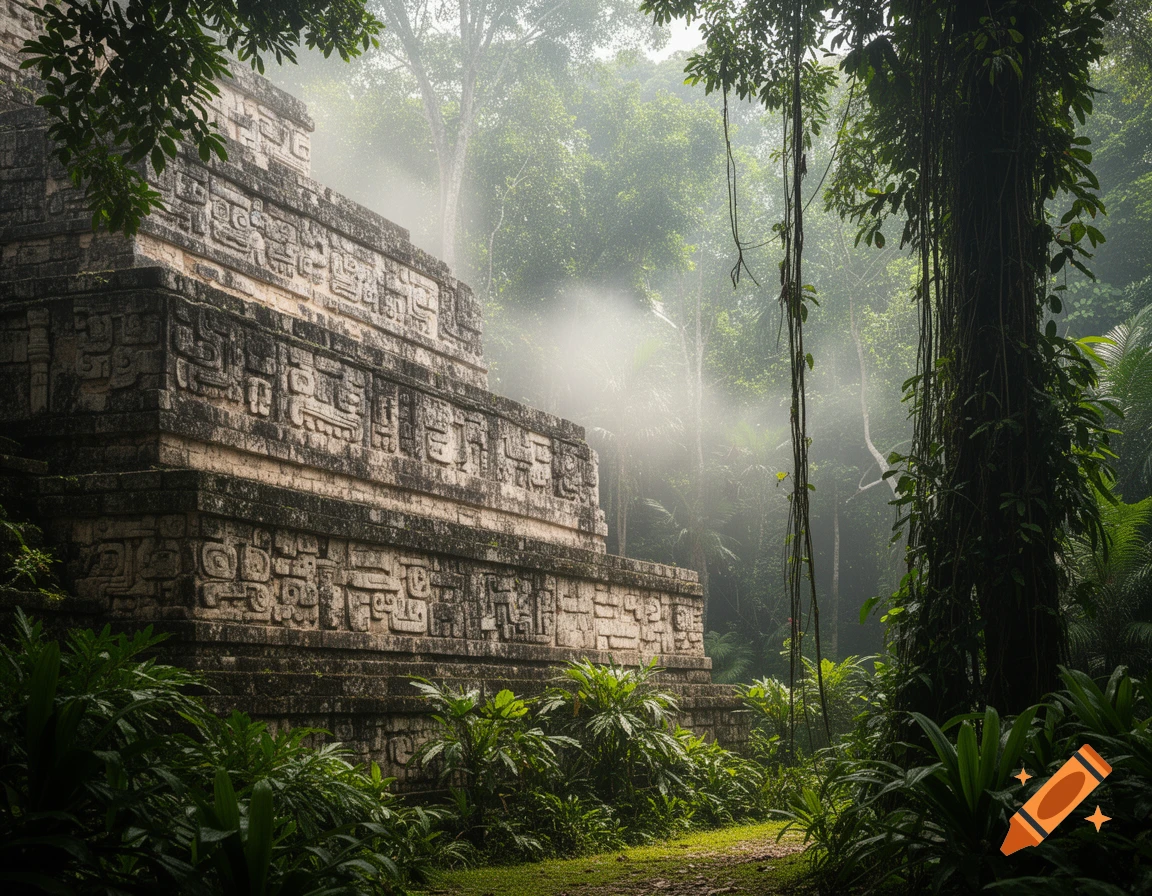 A close-up, photorealistic view of a stone Maya temple covered in carvings and moss, nestled in a misty, lush jungle.