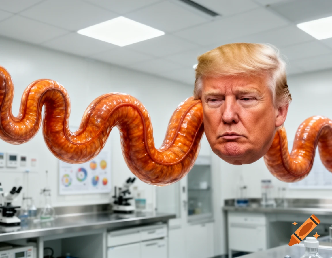 Photorealistic image of Donald Trump's head attached to a large, orange, winding tapeworm in a laboratory setting.