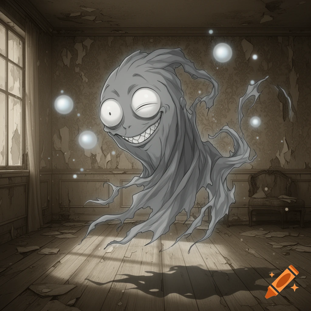 A goofy, winking gray ghost with a wide grin floats in a dilapidated, wallpapered room in a cartoon style.