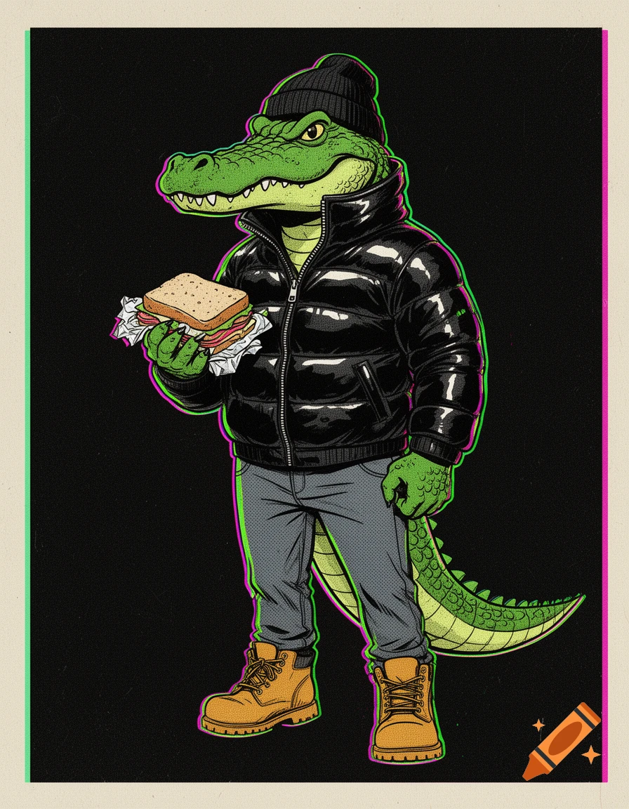 A muscular anthropomorphic alligator in a black beanie, puffer jacket, and jeans holds a foil-wrapped deli sandwich, in a comic book style.