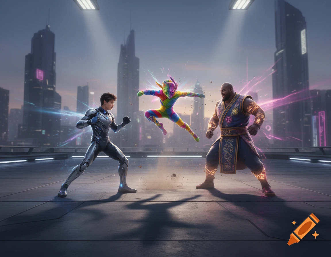 Three characters, a man in a silver suit, a rainbow-colored figure, and a bald man in blue robes, pose ready to fight on a futuristic city rooftop.