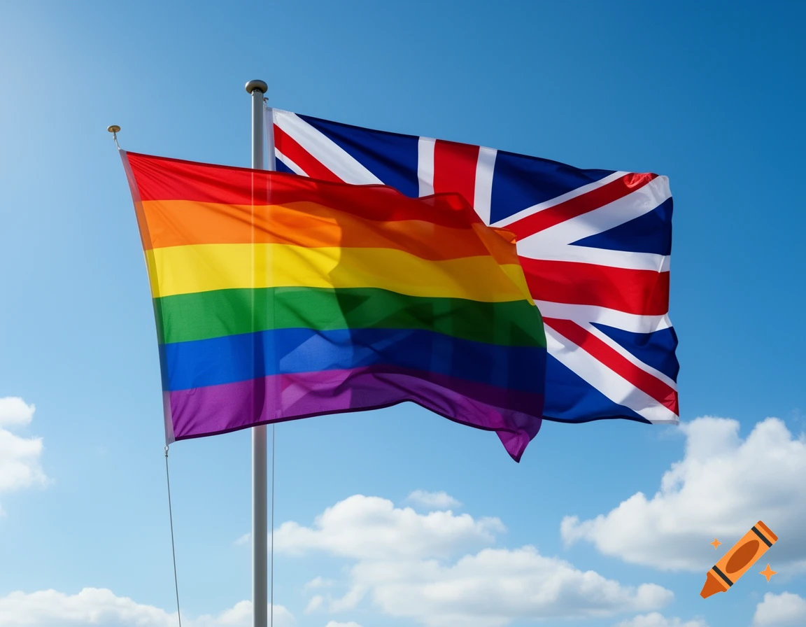 Rainbow flag and Union Jack flying together on a flagpole against a blue sky with white clouds.