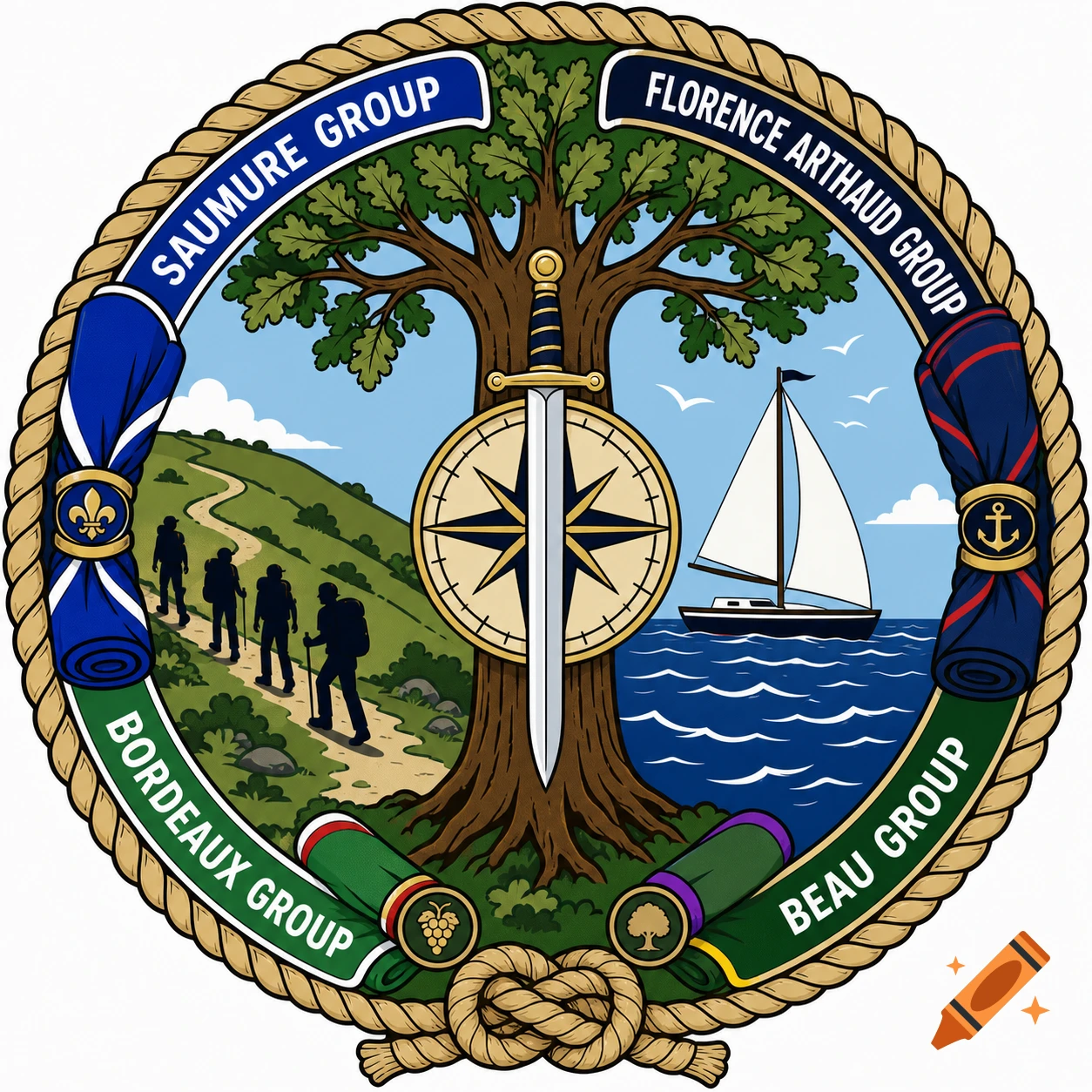 A round, illustrated emblem with a rope border, featuring an oak tree, hikers, a sailboat, a compass, sword, and text banners.