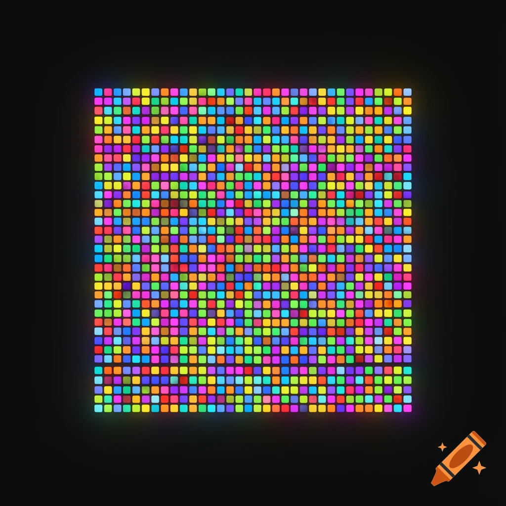 A square grid of many small, uniformly sized, randomly colored, glowing rounded square pixels on a dark black background.