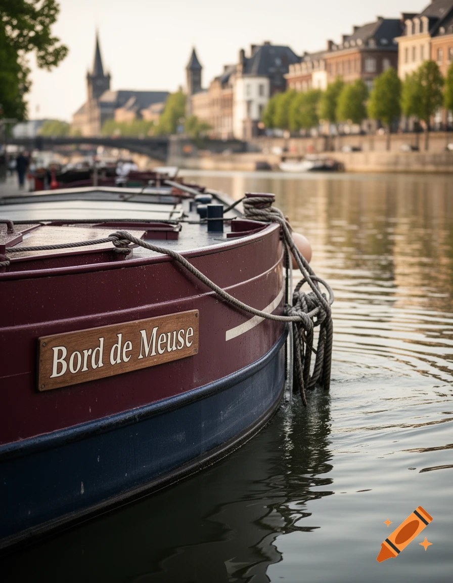 A burgundy and blue boat, 'Bord de Meuse', docked on a river in a city with historic buildings and trees, photorealistic.