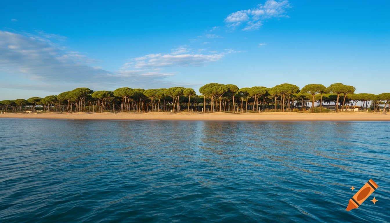 A wide view of calm blue sea in the foreground, a sandy beach, and a dense line of green pine trees under a clear blue sky.