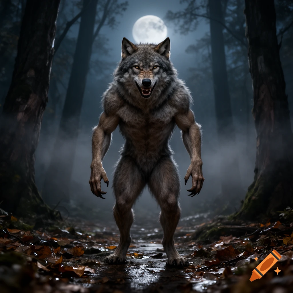 A photorealistic menacing werewolf with glowing eyes and bared teeth standing on a wet forest path under a full moon.