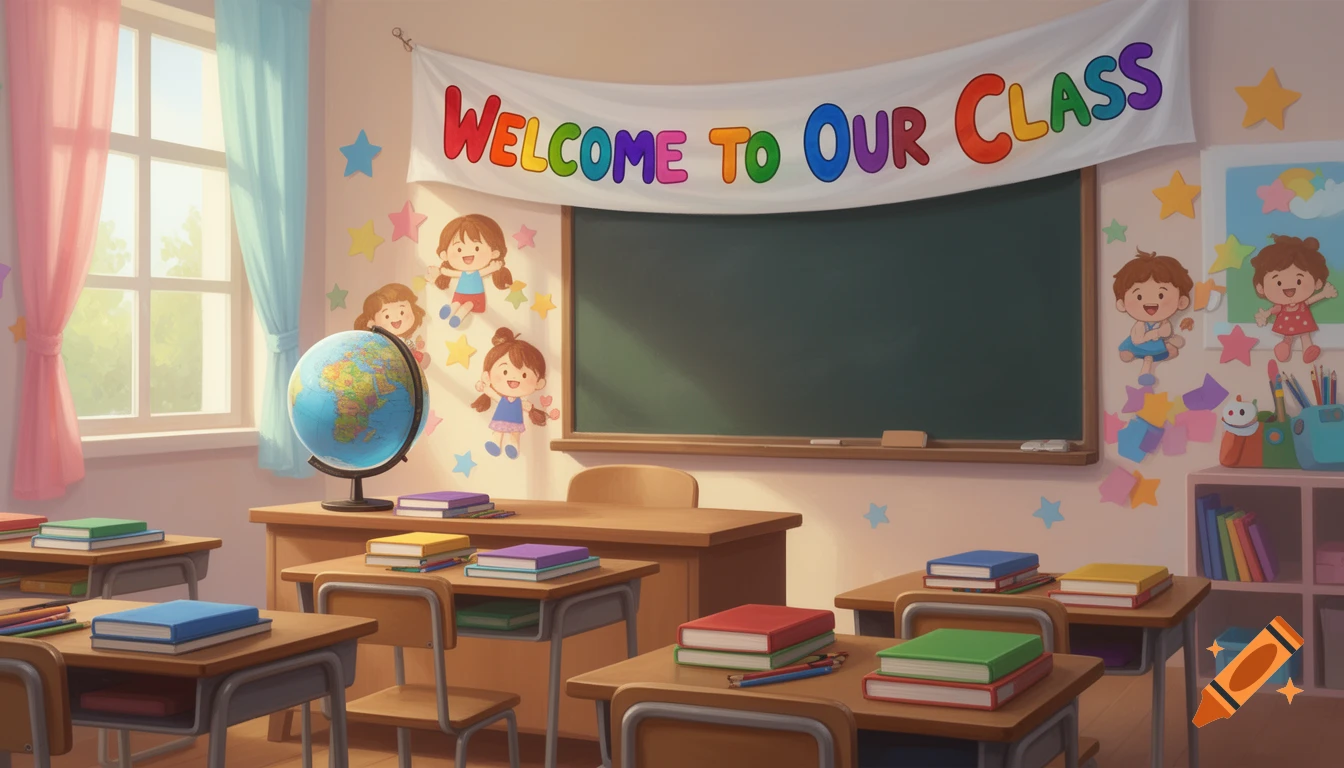 A colorful cartoon classroom with a 'Welcome to Our Class' banner, desks, books, a globe, and child cutouts.