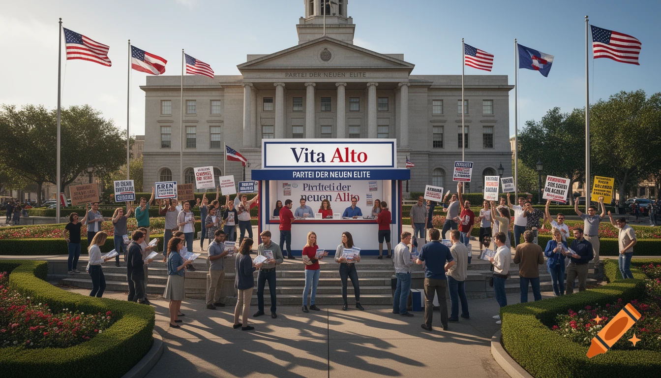 A political rally for "Vita Alto: Partei der Neuen Elite" in front of a grand building, with people holding signs and a campaign booth.