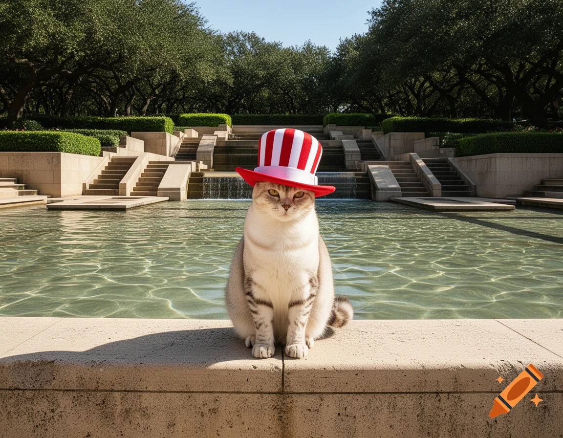 A fluffy cat wearing a red and white striped top hat sits on a stone ledge in the Fort Worth Water Gardens.