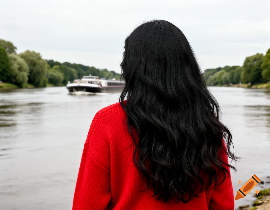 Back of a woman with long black hair and a red sweater looking at a river with a boat passing by, surrounded by trees under a cloudy sky.