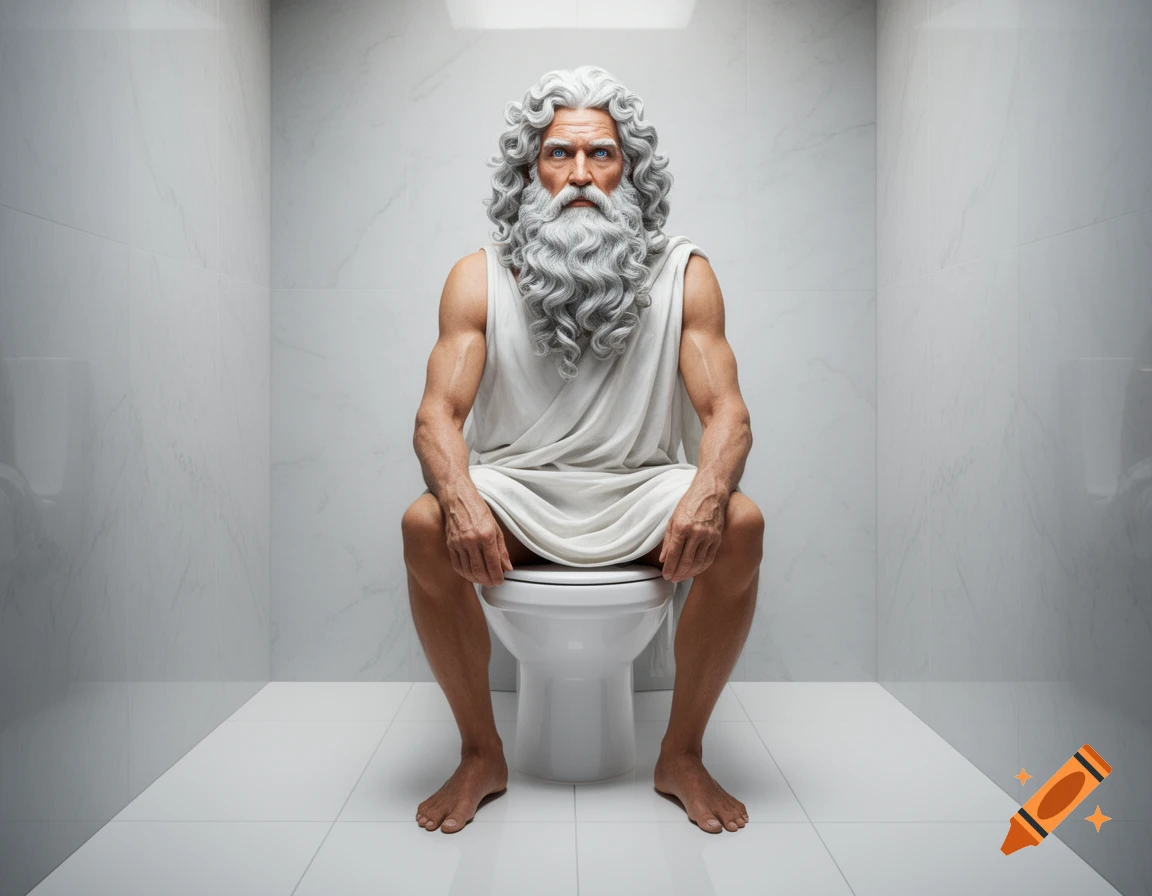 Photorealistic Zeus with a white beard and toga sits on a toilet in a modern tiled bathroom, looking at the viewer.