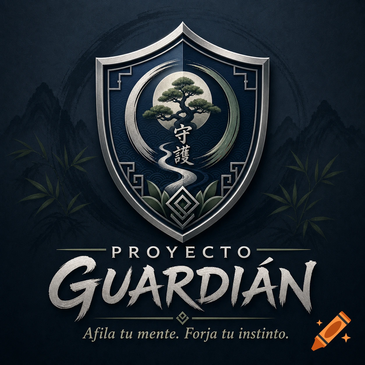 A stylized logo for Proyecto Guardián martial arts school, featuring a shield with a bonsai, moon, river, and Japanese text, on a dark background.