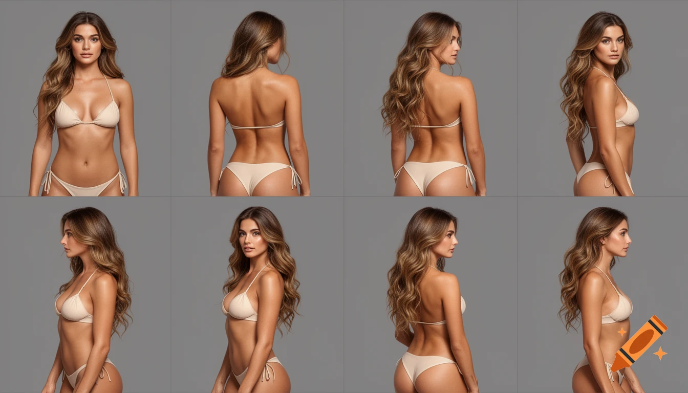 A beautiful woman in a beige bikini shown in eight panels with front, back, and side views on a gray background.