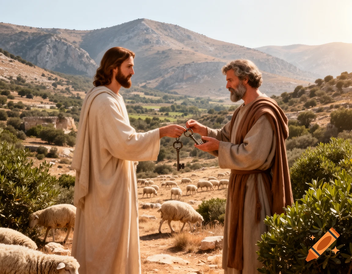 Jesus in a white robe hands antique keys to St. Peter in a brown robe amidst grazing sheep on a sunny, mountainous landscape.