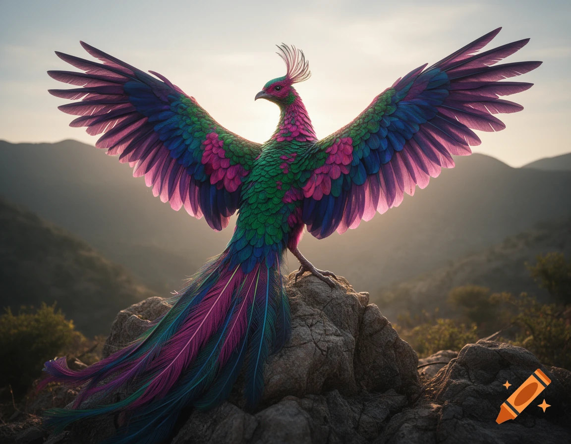 Photorealistic fantasy phoenix with vibrant green, pink, purple, and blue plumage perched on a rock with mountains in the background.