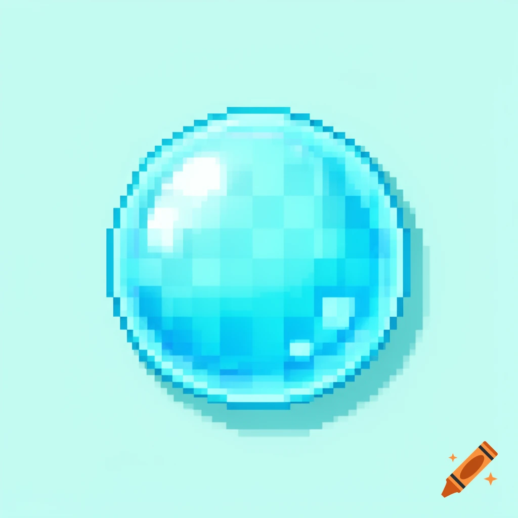 A shimmering aqua blue pixel art bubble against a light blue background.