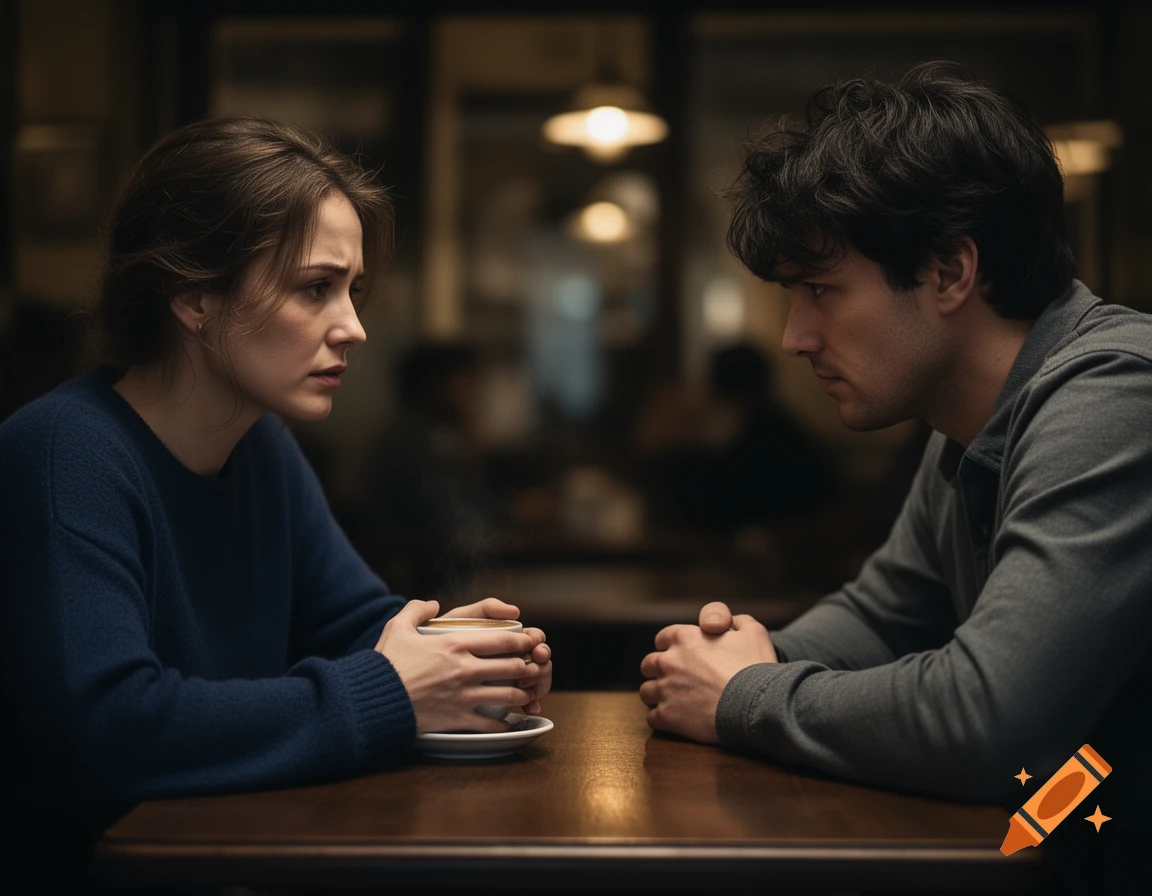 A man and woman with solemn expressions sit across from each other at a wooden table in a dimly lit cafe, a steaming cup of coffee between them.