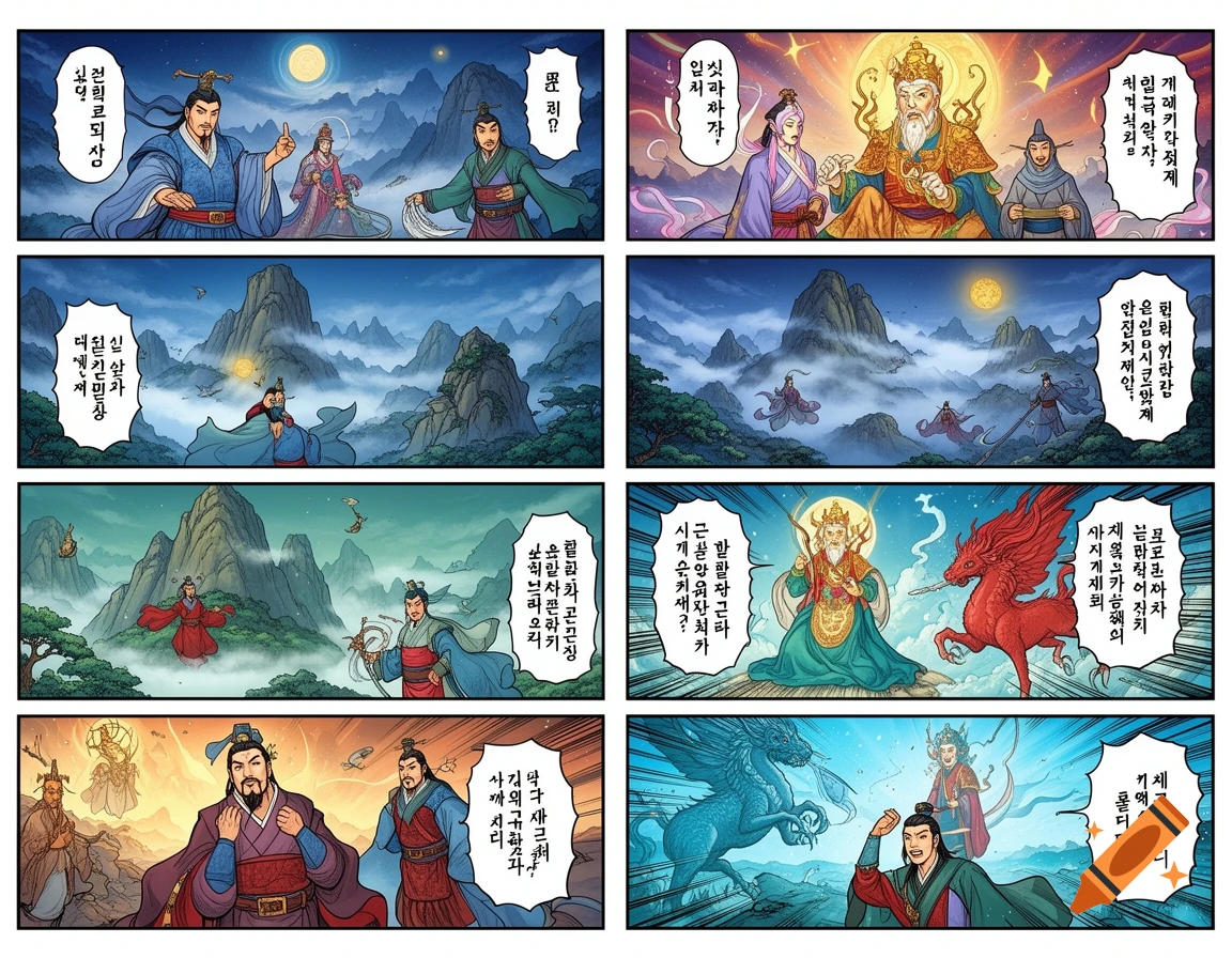 Multi-panel comic in traditional East Asian style showing figures, mountains, and mythical creatures like dragons under a moonlit sky.