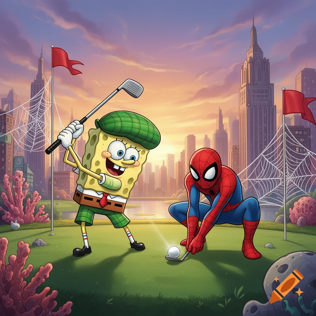SpongeBob SquarePants and Spider-Man play golf in a city at sunset, with SpongeBob swinging a club and Spider-Man putting.