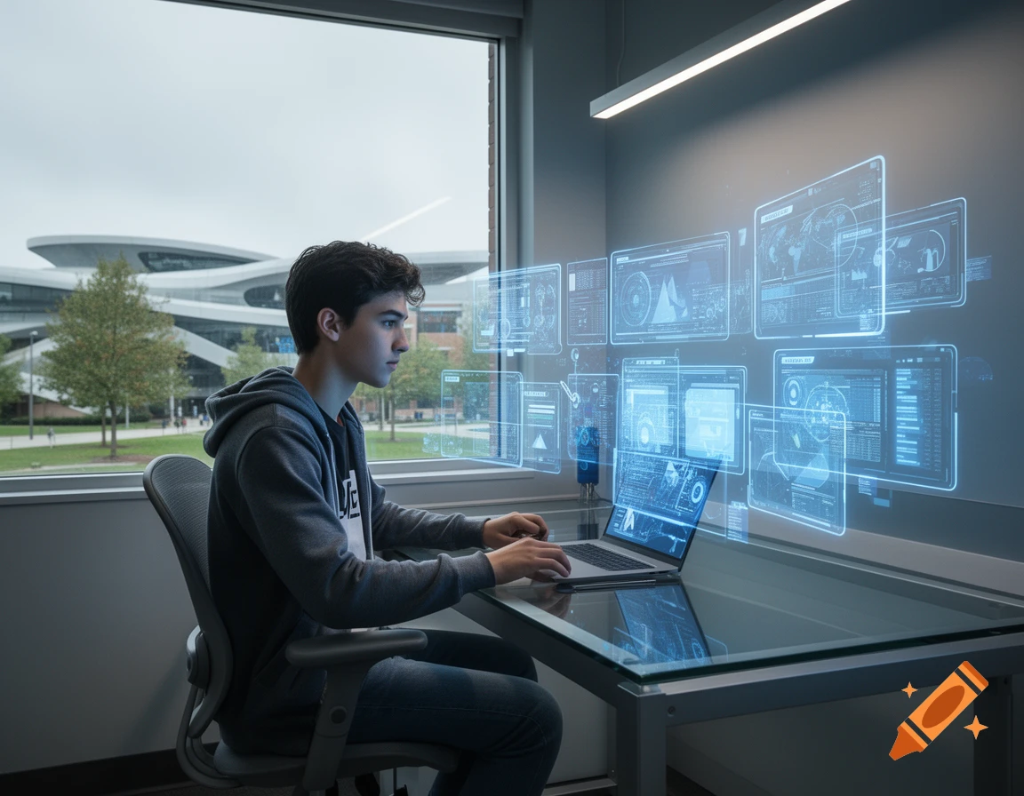 Young person on a laptop in a modern office, surrounded by glowing holographic data displays.