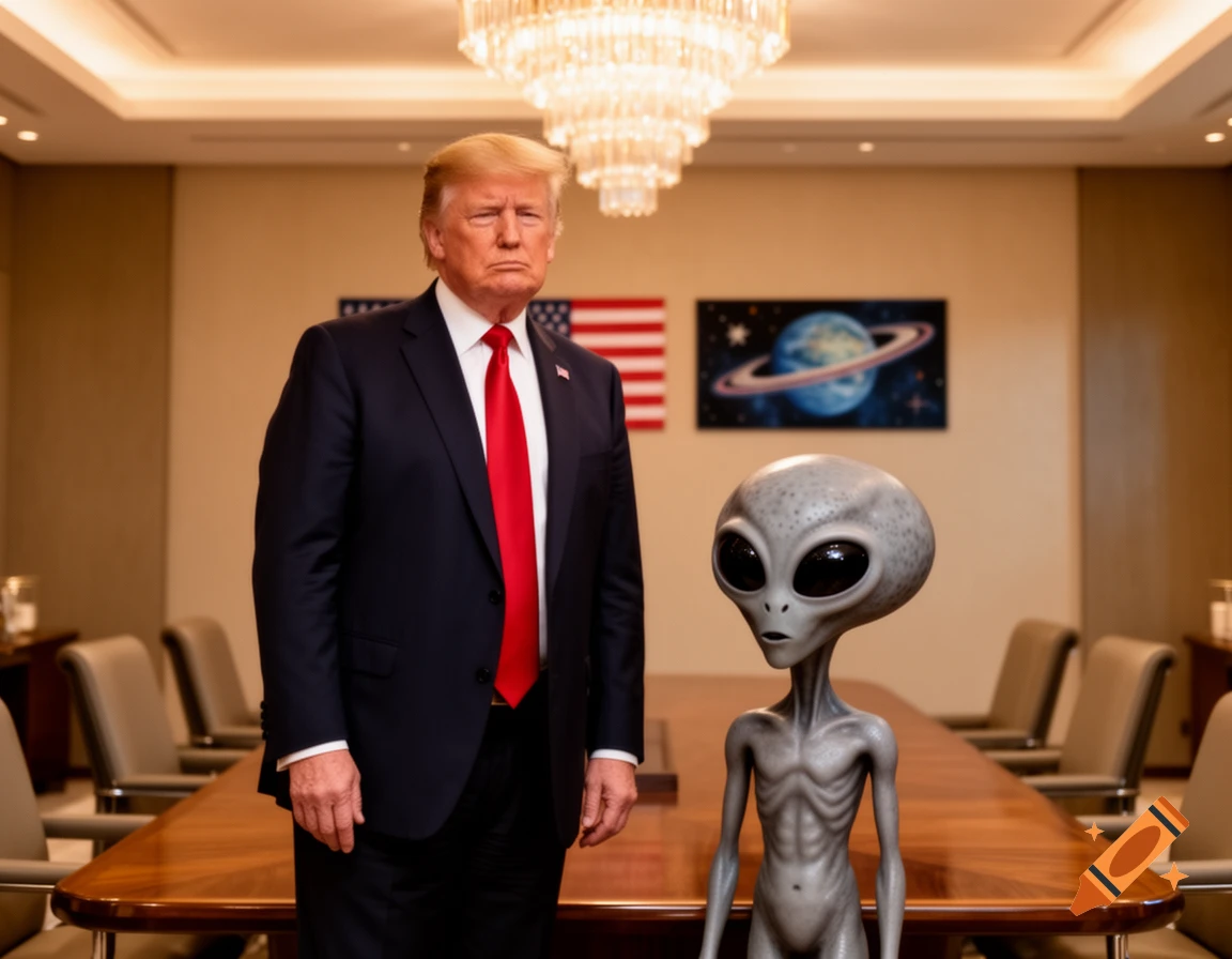 Donald Trump stands seriously next to a gray alien in a formal meeting room with an American flag and a planet painting.