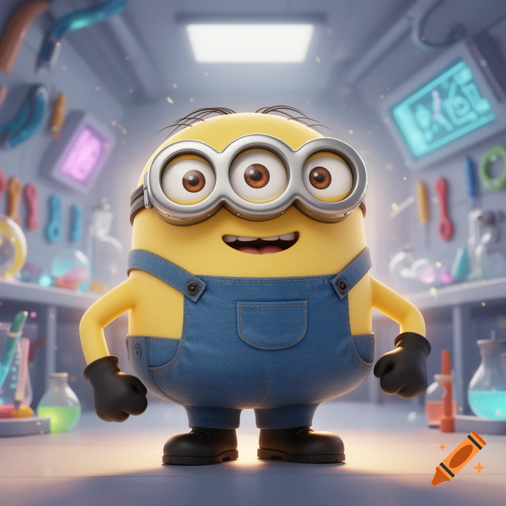 3D render of a yellow Minion with three eyes and goggles in a laboratory setting.