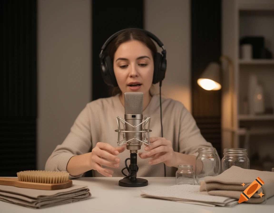 A woman wearing headphones speaking into a microphone on a desk with various props, photorealistic.