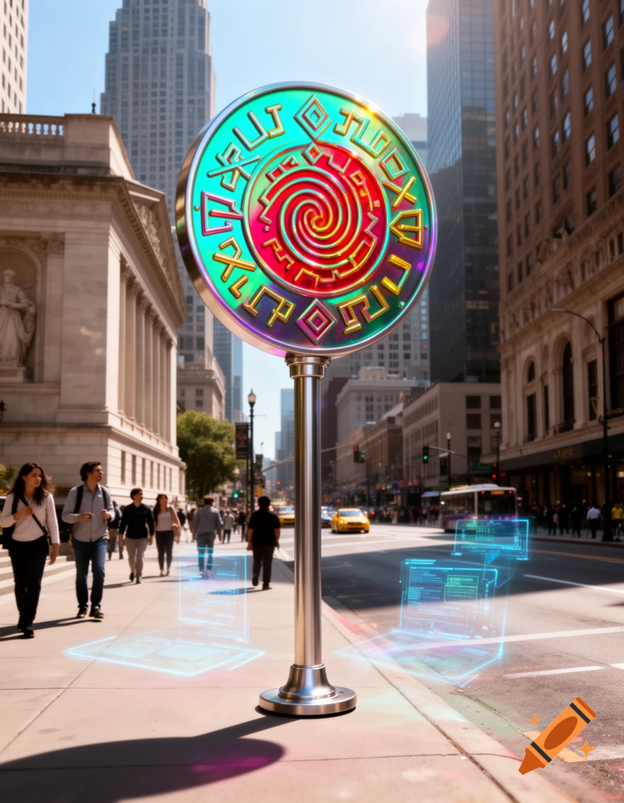 A futuristic glowing circular sign with indecipherable symbols stands on a city sidewalk amidst people and holographic displays, with tall buildings.