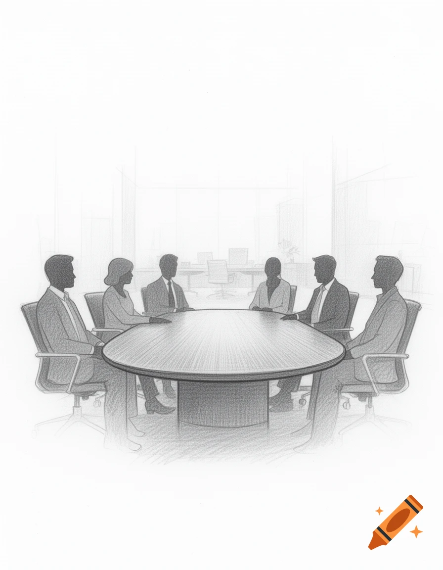 Pencil sketch of six people in silhouette seated around an oval meeting table in an office.