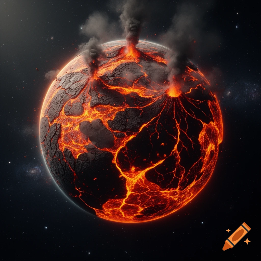 Photorealistic space view of a fiery volcano planet with glowing magma cracks and plumes of smoke.