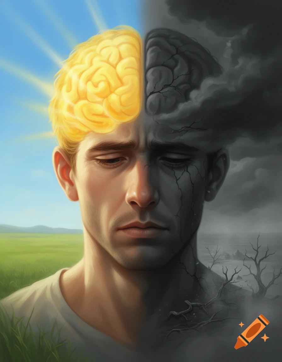 Symbolic illustration of a man's head split in half: one side bright and sunny with a golden brain, the other dark, cracked, and stormy.